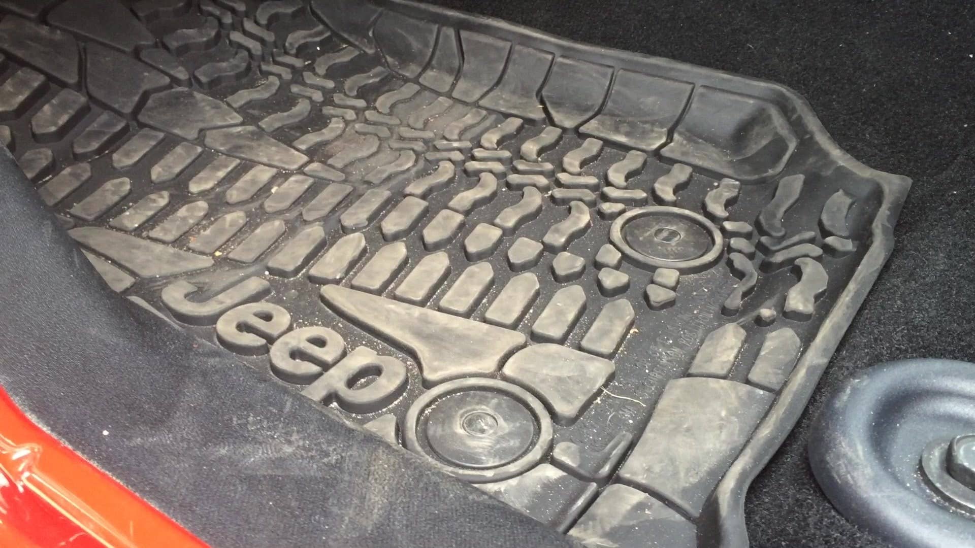 A quick look at the stylized all-weather rubber floor mats on the 2015 Jeep Wrangler Unlimited X-Edition.