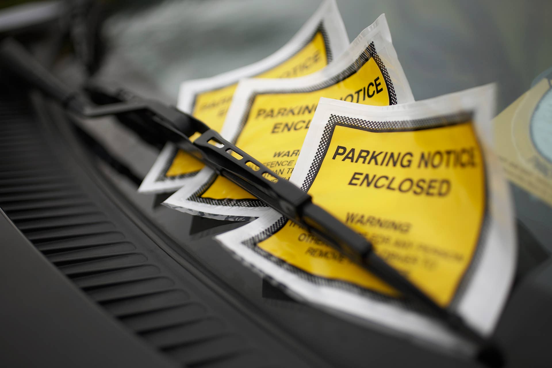 Parking tickets under windshield wiper, close-up