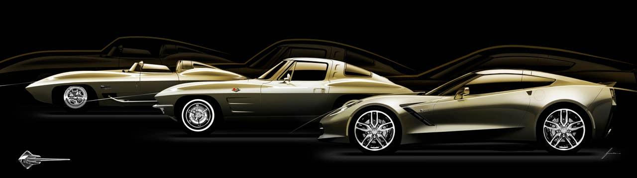 The legacy of Stingray: the 1957 Stingray racer concept, the 1963 Corvette Sting Ray and the all-new 2014 Corvette Stingray.