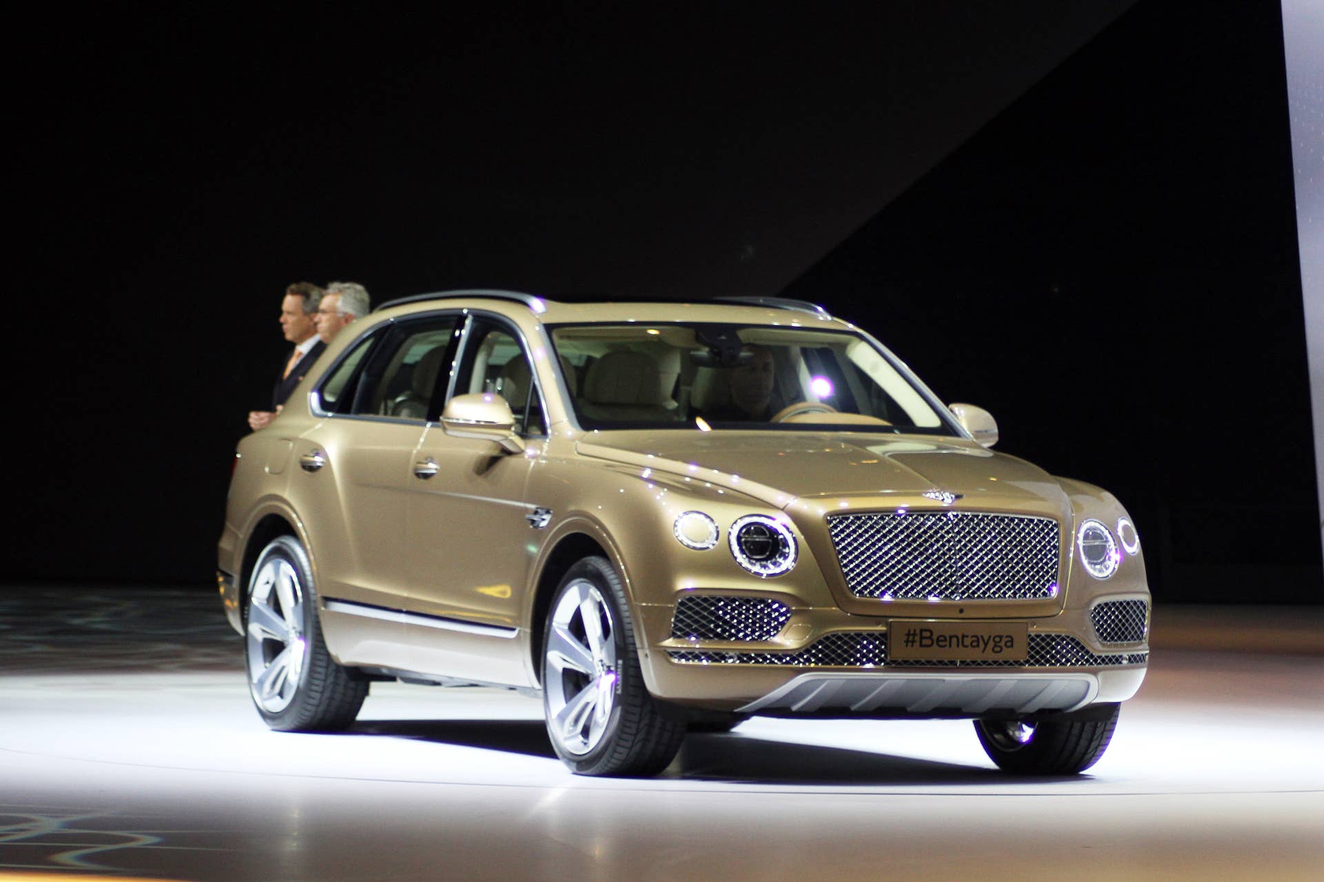 The Bentley Bentayga crossover introduced at VW Group Night, front three-quarter.