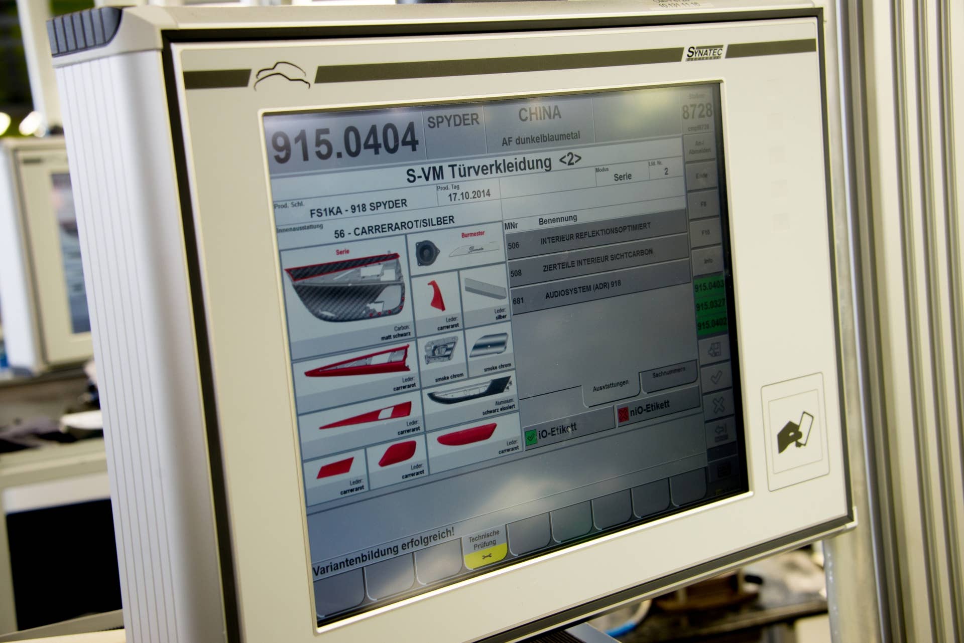 This computer screen, which is located in the upholstery department, tells the worker everything they need to know in terms of specifications — proper color-coding on the monitor prevents mistakes.  Each vehicle is assigned a production number, which is coded with all specifications. In addition to each worker signing off on their assigned stages, many of the tools communicate wirelessly with the mainframe computers. This ensures that all of the assembly steps are completed correctly and allows errors to be traced back to their origins.