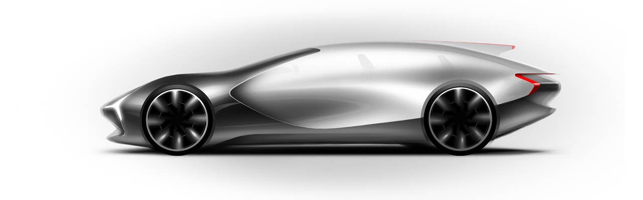 Sketch of the Le* Car electric vehicle, a product of China's Le TV, described as that country's version of Netflix, side view.