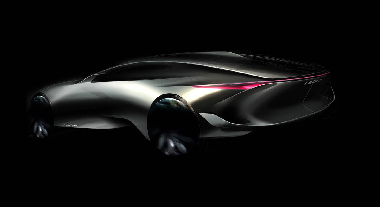 Sketch of the Le* Car electric vehicle, a product of China's Le TV, described as that country's version of Netflix, rear three-quarter dark.