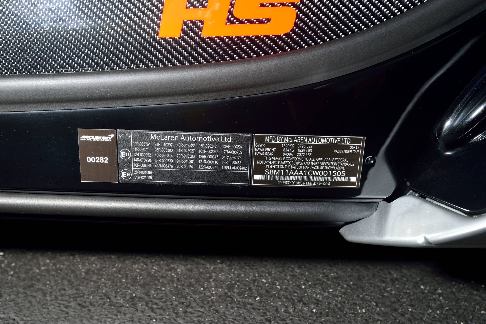 2012 McLaren MP4-12C High Sport VIN plate