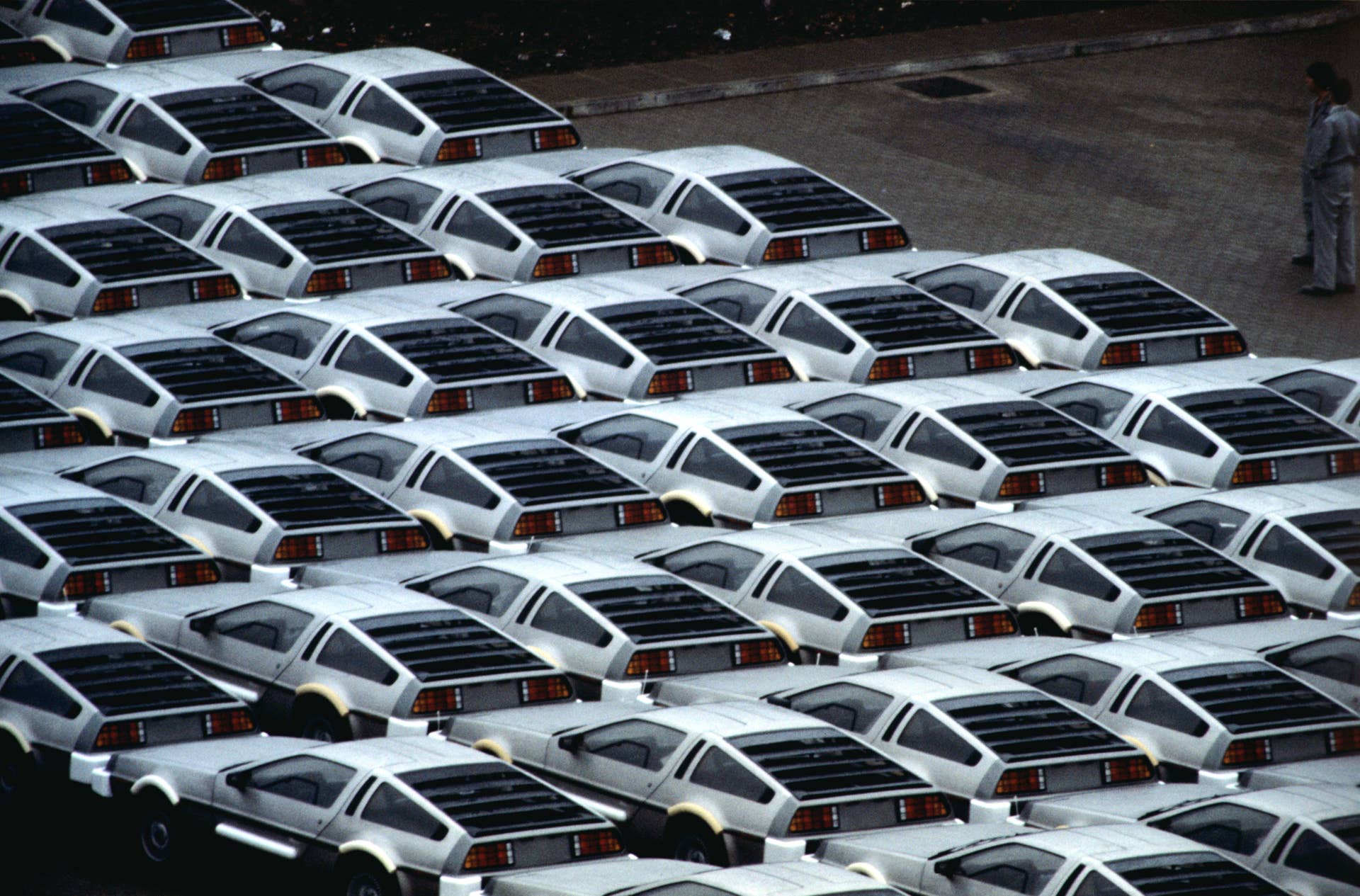 Stockpiled Delorean cars at the Delorean motor plant in Belfast. They are to be exported to the USA.