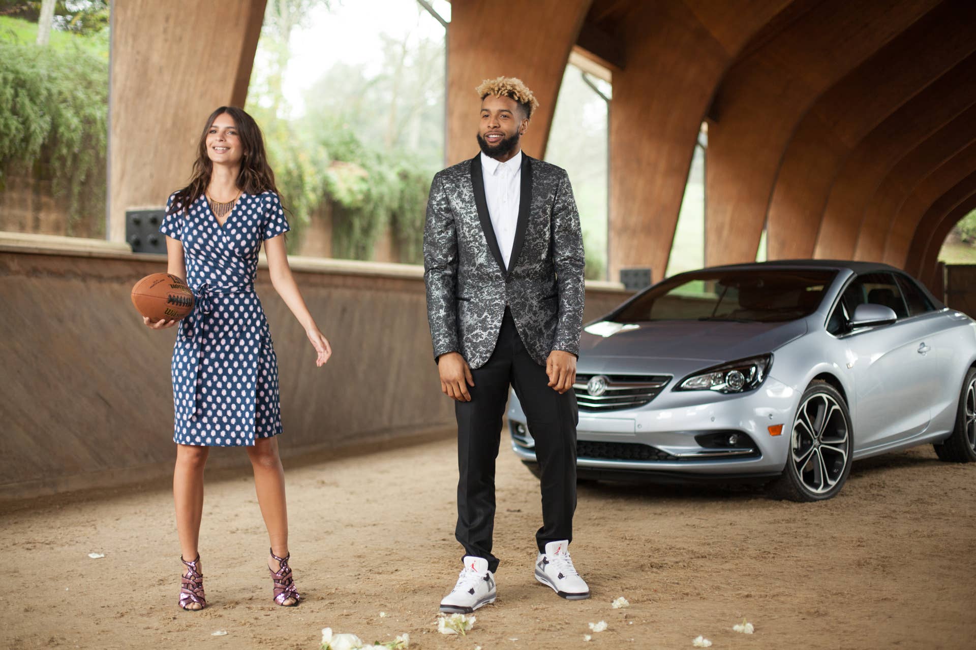 Odell Beckham, Jr, Emily Ratajkowski, and the new Cascada convertible on the set of Buickâs first Super Bowl commercial
