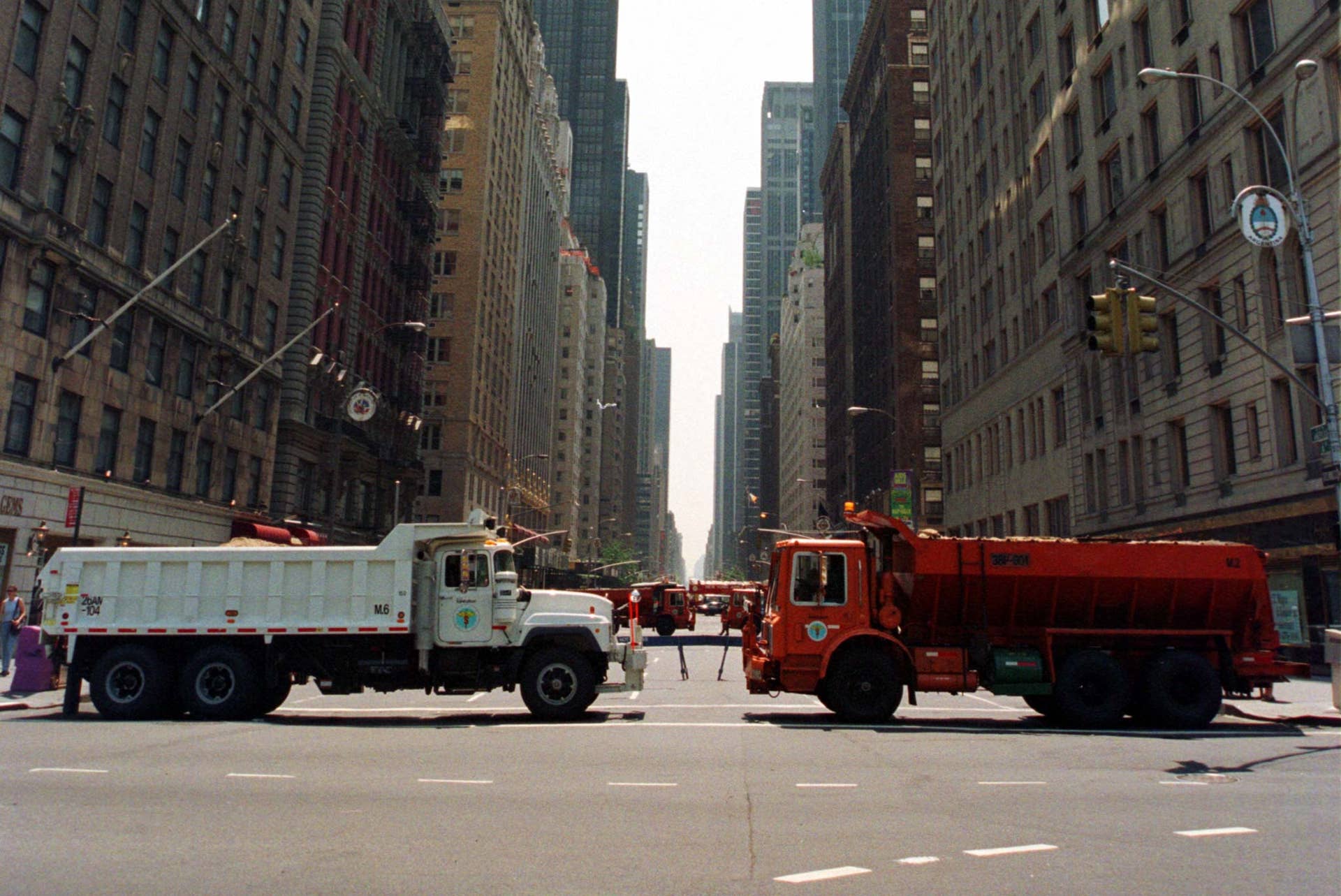 Sand trucks block 6th Avenue near Central Park in New York, May 16 for security during the visit of Israeli Prime Minister Benjamin Netanyahu. Netanyahu was walking to a nearby Synagogue to attend Shabat services causing police to close many city streets and avenues. Netanyahu is on the second day of a three day visit to New York. MS/CM
