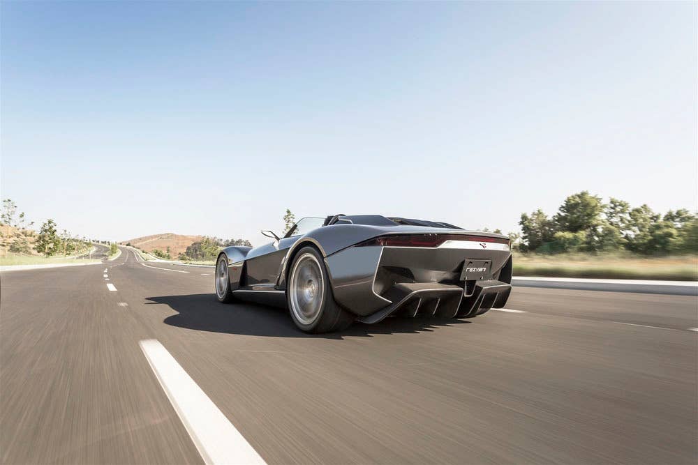 gray rezvani motors beast low angle rear in the desert