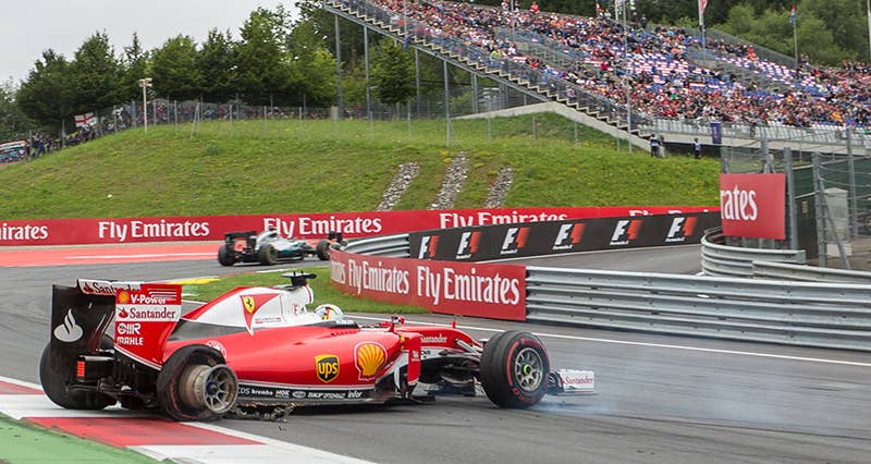 Ferrari's German driver Sebastian Vettel car is seen after a crash during the Formula One Grand Prix of Austria at the Red Bull Ring in Spielberg, Austria on July 3, 2016.
