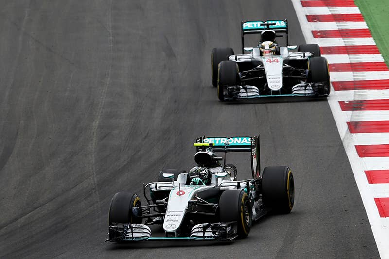 Nico Rosberg of Germany driving the (6) Mercedes AMG Petronas F1 Team Mercedes F1 WO7 Mercedes PU106C Hybrid turbo leads Lewis Hamilton of Great Britain driving the (44) Mercedes AMG Petronas F1 Team Mercedes F1 WO7 Mercedes PU106C Hybrid turbo on track during the Formula One Grand Prix of Austria at Red Bull Ring on July 3, 2016 in Spielberg, Austria