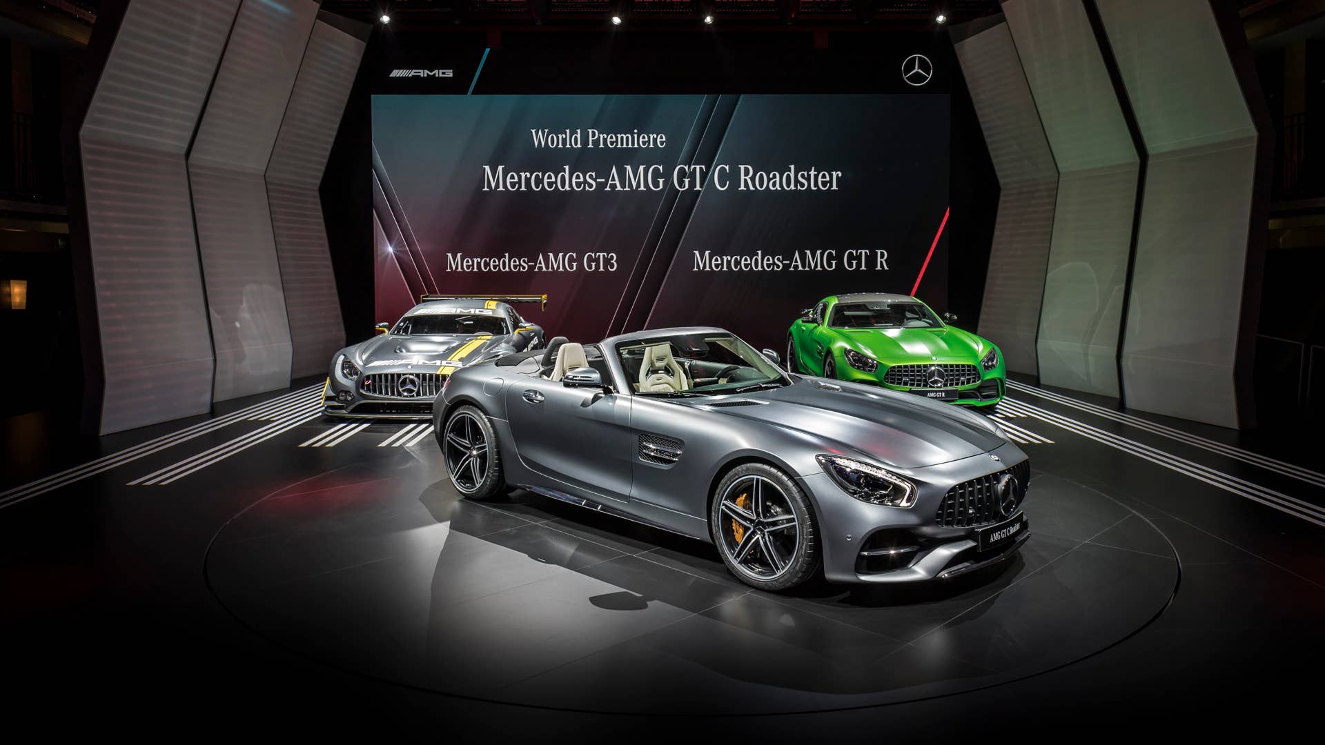 Mercedes-AMG GT 3, Mercedes-AMG GT R, and Mercedes-AMG GT C.
