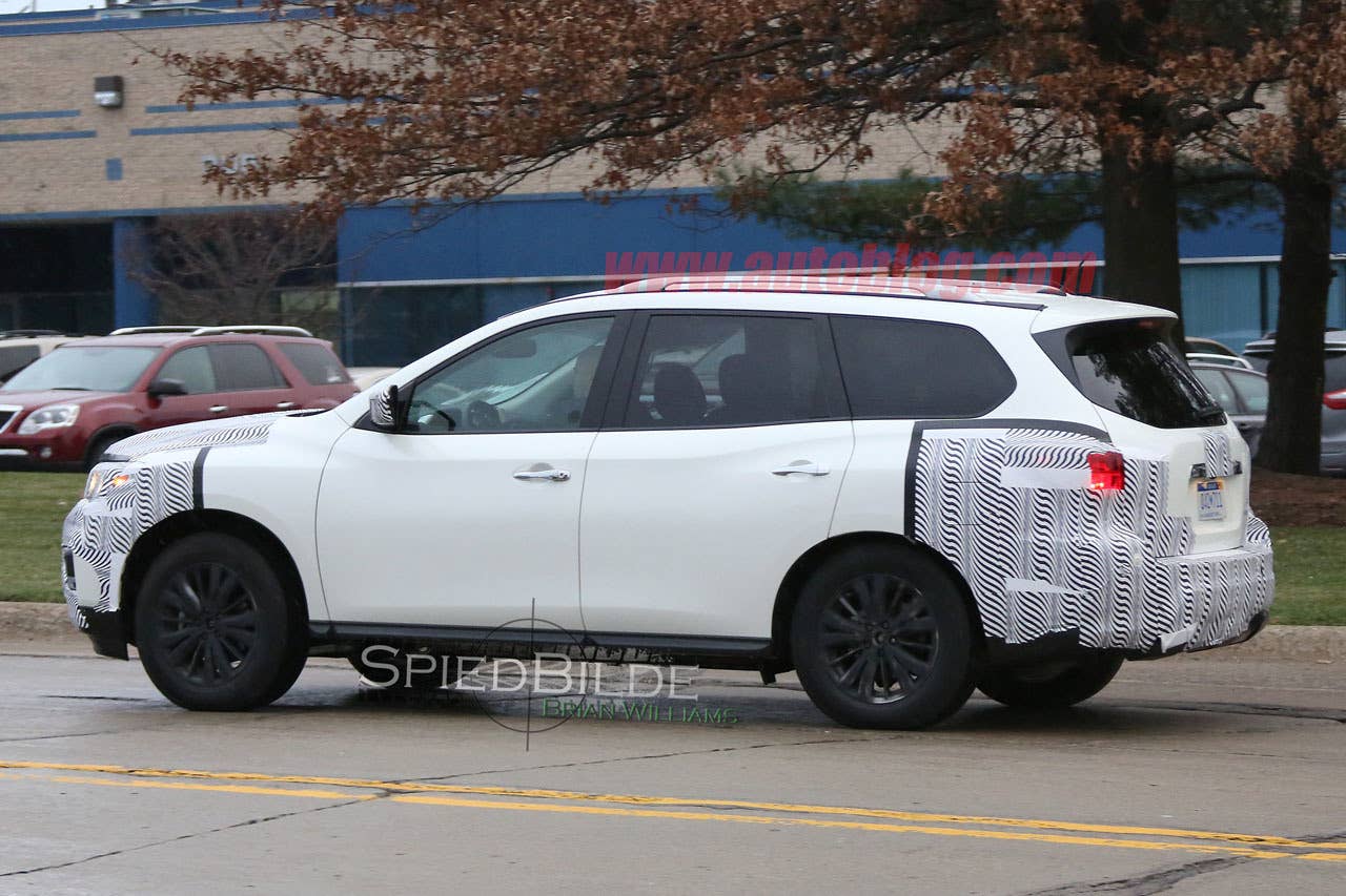 white 2017 nissan pathfinder spy shot rear three quarters