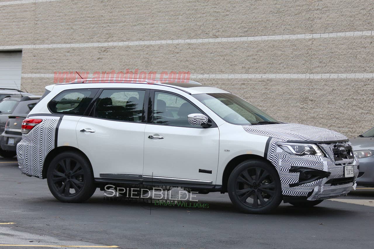 white 2017 nissan pathfinder spy shot three quarters front camo