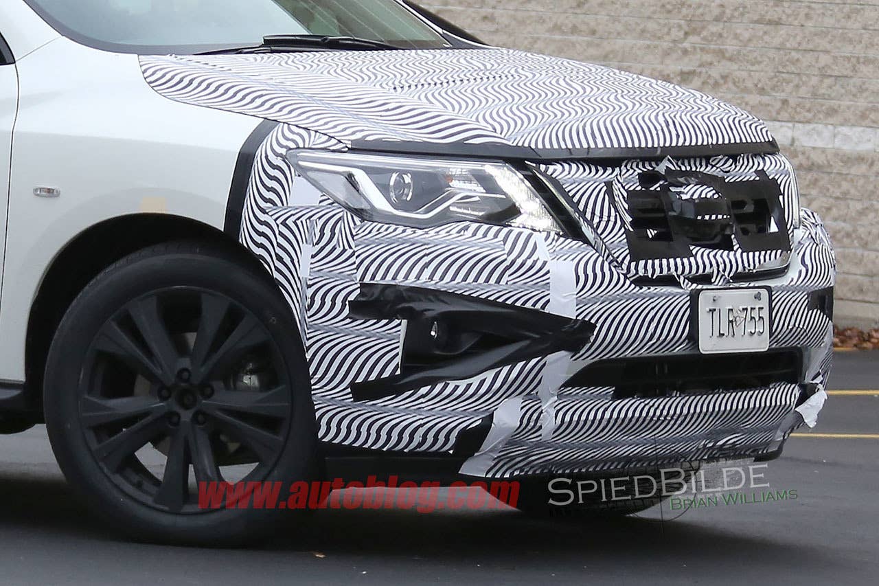 white 2017 nissan pathfinder spy shot front camo detail