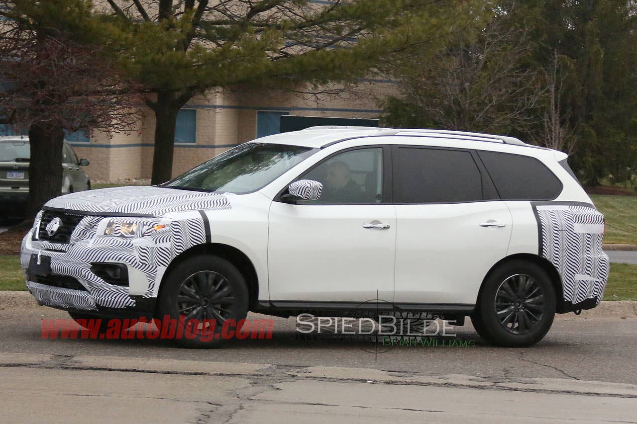 white 2017 nissan pathfinder spy shot camo front end