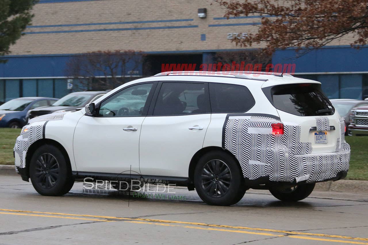 white 2017 nissan pathfinder spy shot camo rear