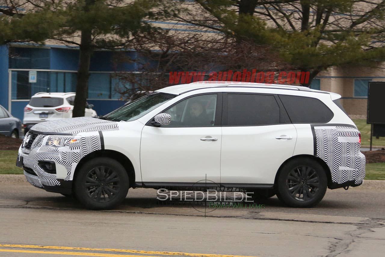white 2017 nissan pathfinder spy shot on road