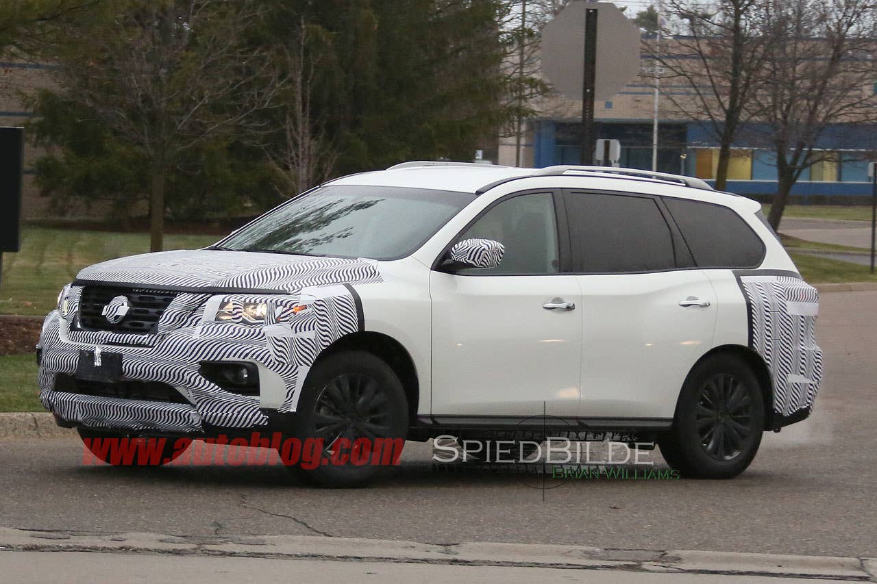 white 2017 nissan pathfinder spy shot three quarters