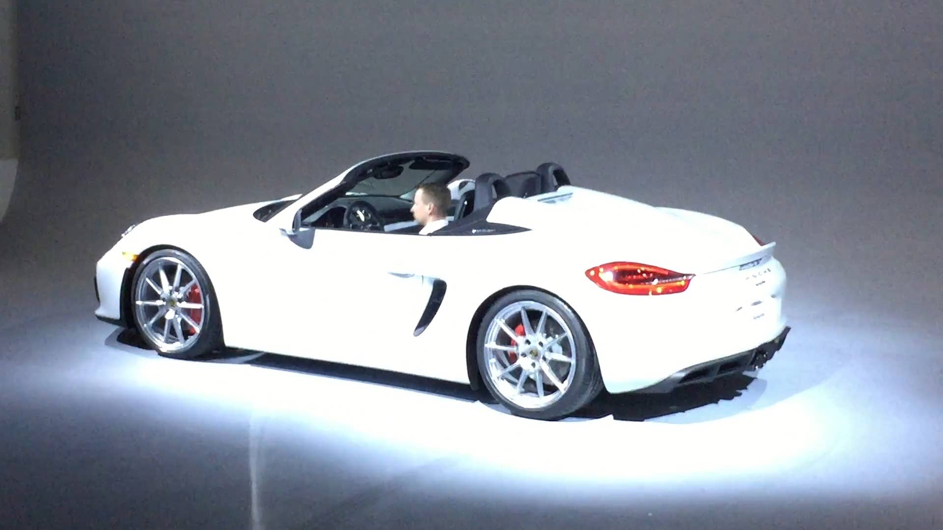 Watch as the 2016 Porsche Boxster Spyder rolls on to stage, just before its official debut at the 2015 New York Auto Show.