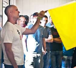 Speed Ventures' Aaron Bitterman conducts driver's meeting