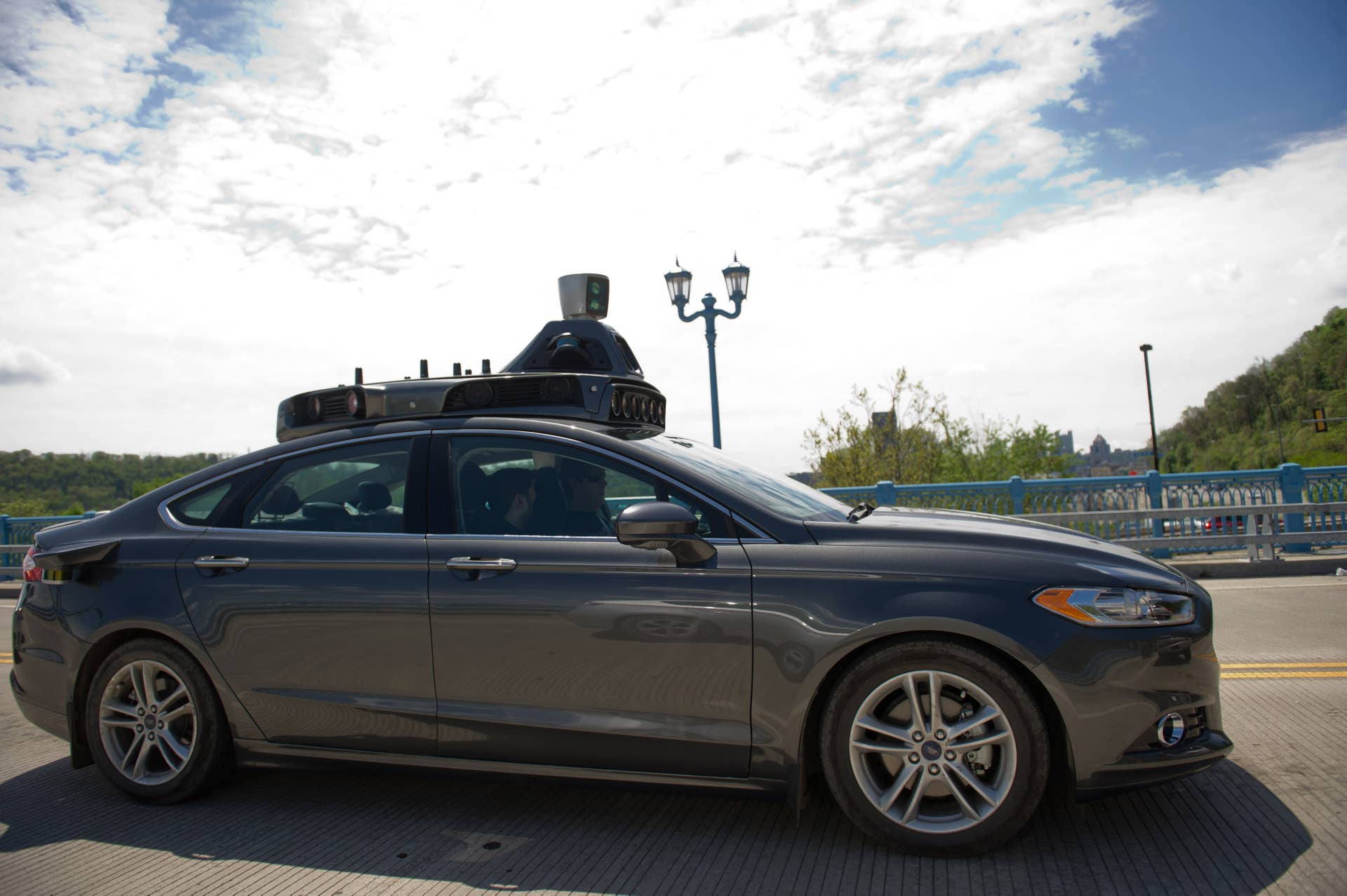 PITTSBURGH, PA- May 1: An Uber automated-vehicle taking a test-drive on the 31st Street Bridge. The company has moved engineers and leased land throughout the Pittsburgh region in efforts to transform transportation for the world.(Jeff Swensen for The Washington Post via Getty Images)