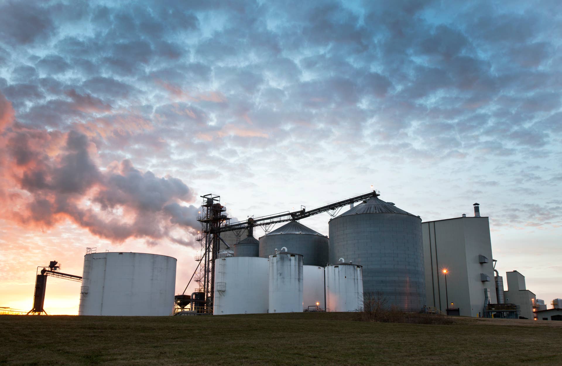 Farm machines harvesting corn for feed or ethanol. The entire corn plant is used, no waste.