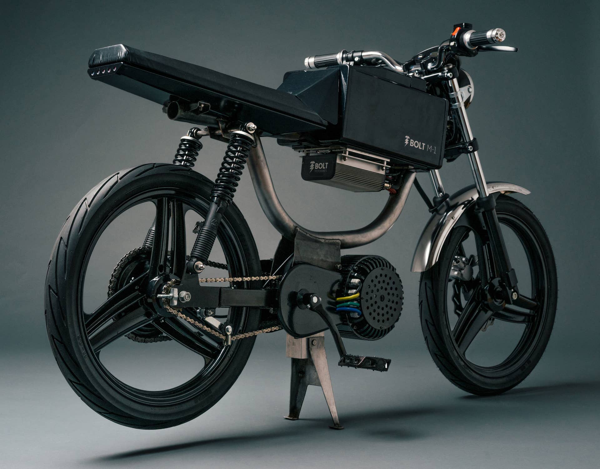 Bolt Motorbikes M-1 electric moped rear view in studio
