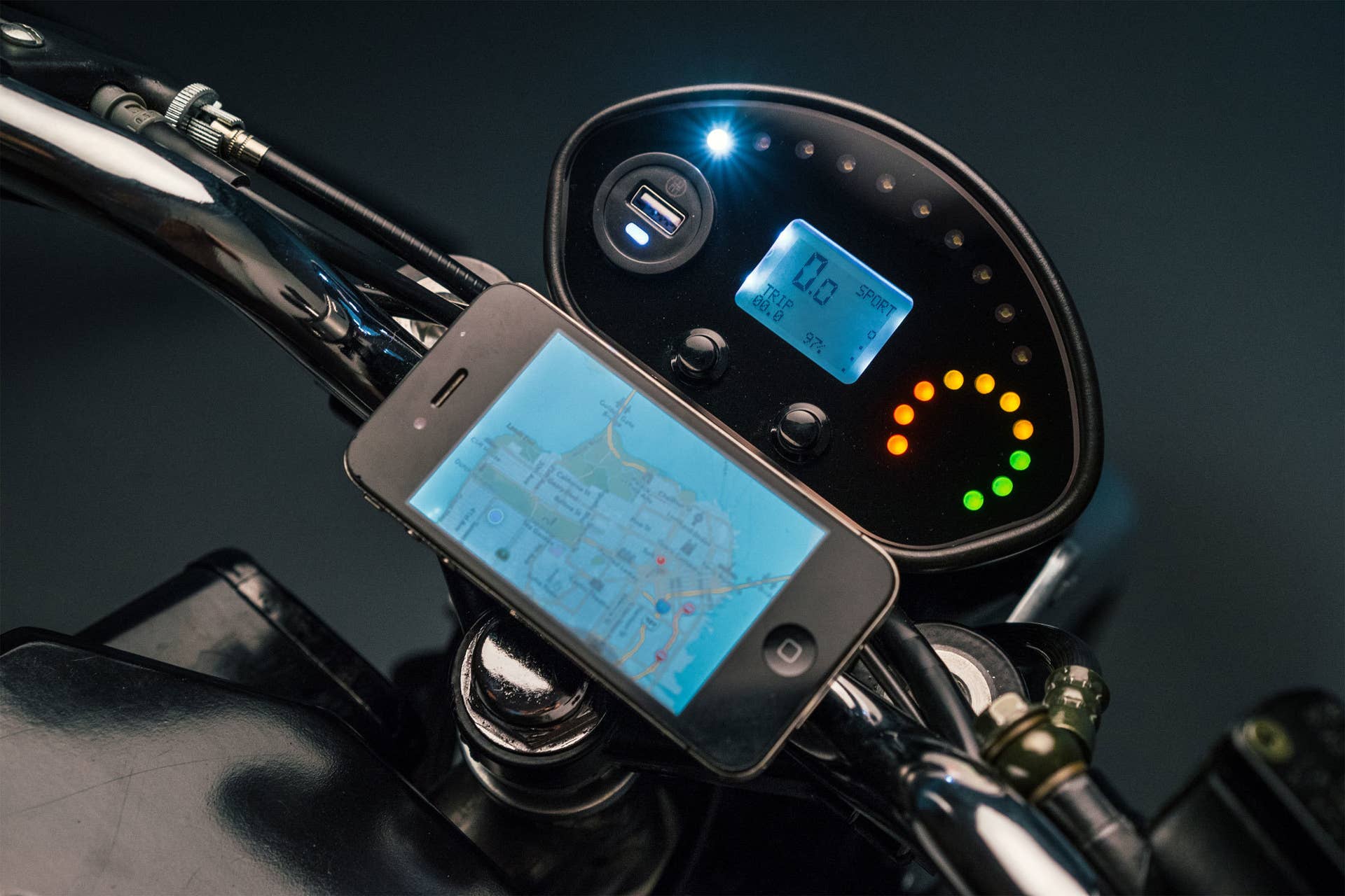 Bolt Motorbikes M-1 electric moped handbar smart phone