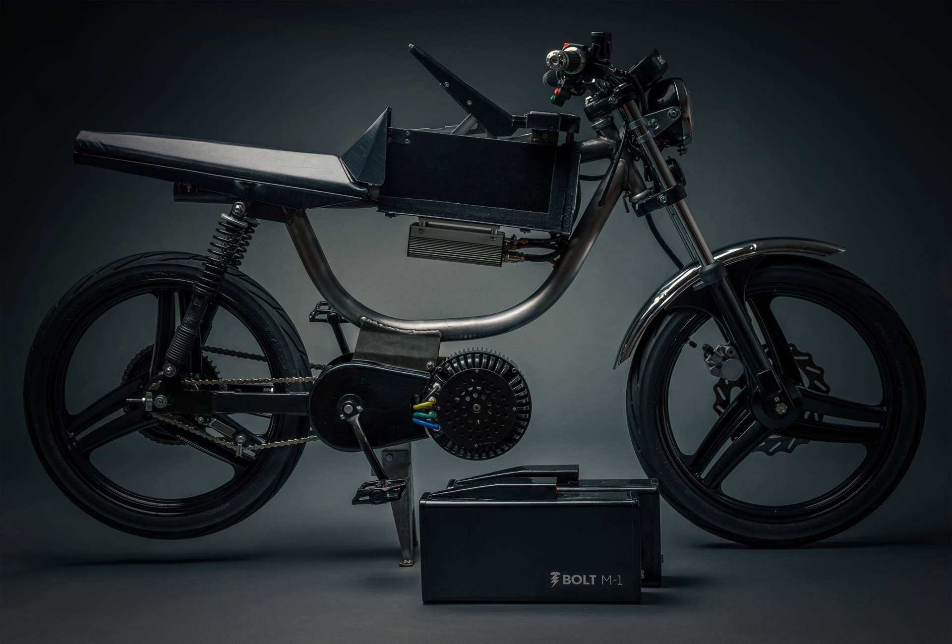 Bolt Motorbikes M-1 electric moped side shot in studio