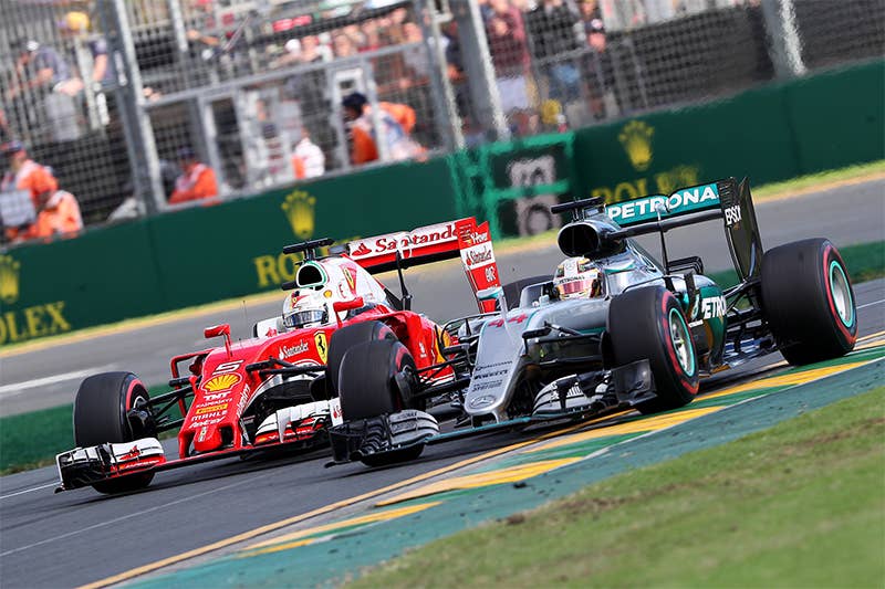 Mercedes and Ferrari race at the 2016 Australian Formula 1 Grand Prix.