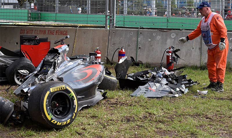 The aftermath of a crash between Fernando Alonso and Esteban Gutierrez at the 2016 Australian F1 Grand Prix.