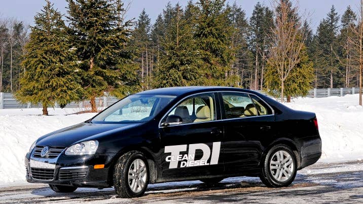 The Volkswagen Jetta TDI sits on a snowy road in Monticello,