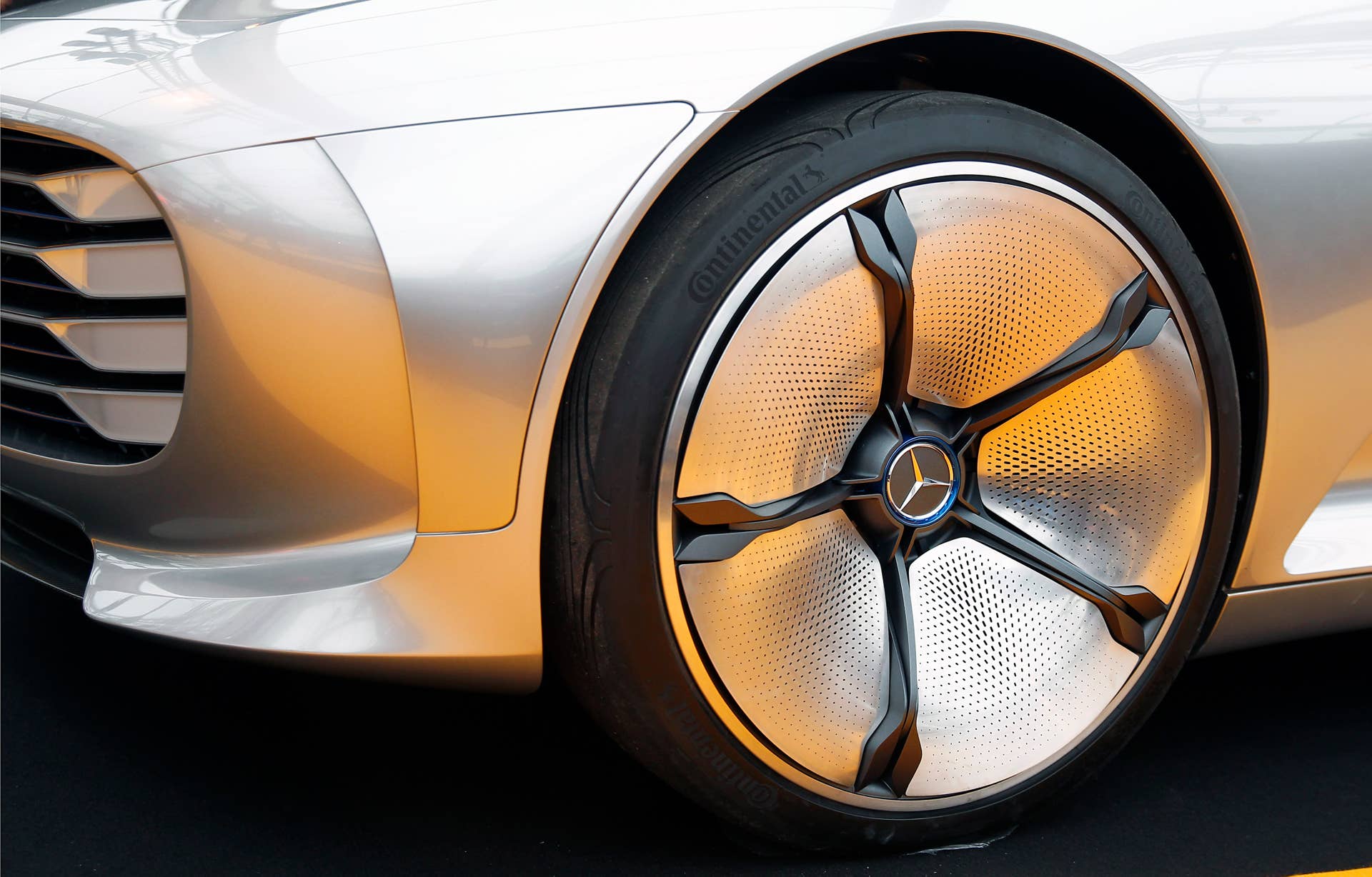 PARIS, FRANCE - JANUARY 27: The wheel of a Mercedes IAA concept vehicle is on display during the 31st International Festival Automobile at Hotel des Invalides on January 27, 2016 in Paris, France. The International Festival Automobile takes place from 27 until January 31, 2016. (Photo by Chesnot/Getty Images)