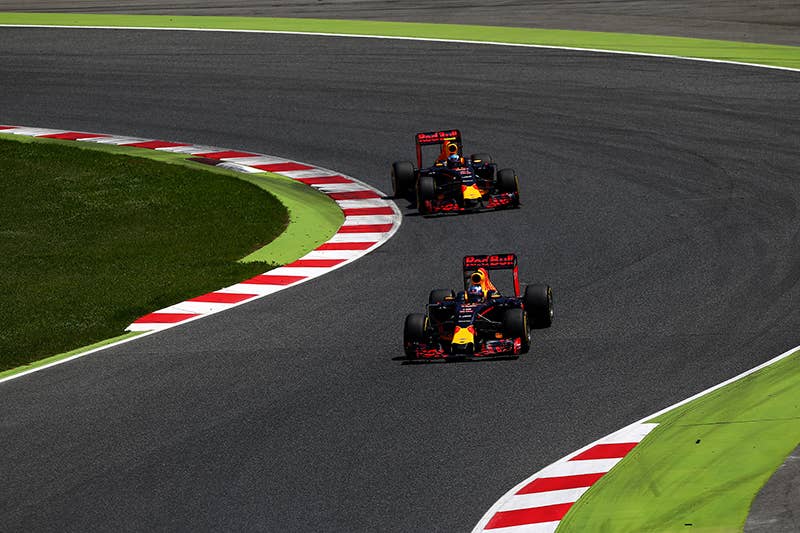 Daniel Ricciardo of Australia drives the Red Bull Racing Red Bull-TAG Heuer RB12 TAG Heuer ahead of Max Verstappen of Netherlands and Red Bull Racing during the Spanish Formula One Grand Prix.