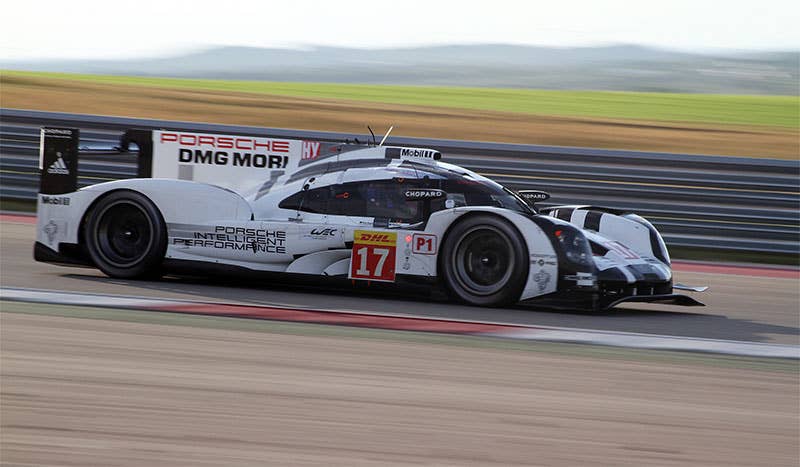 The Porsche 919 Hybrid races at the 2015 Lone Star Le Mans.