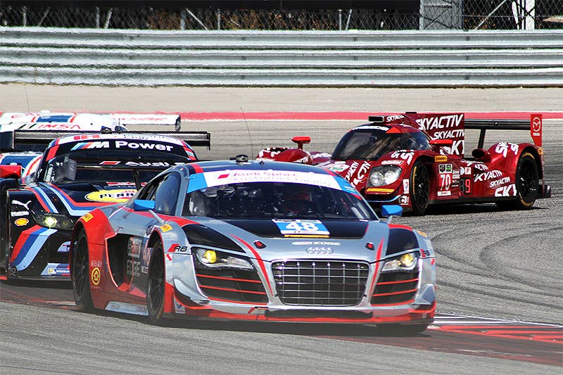 The #48 Paul Miller Racing Audi R8 LMS races at the 2015 Lone Star Le Mans.