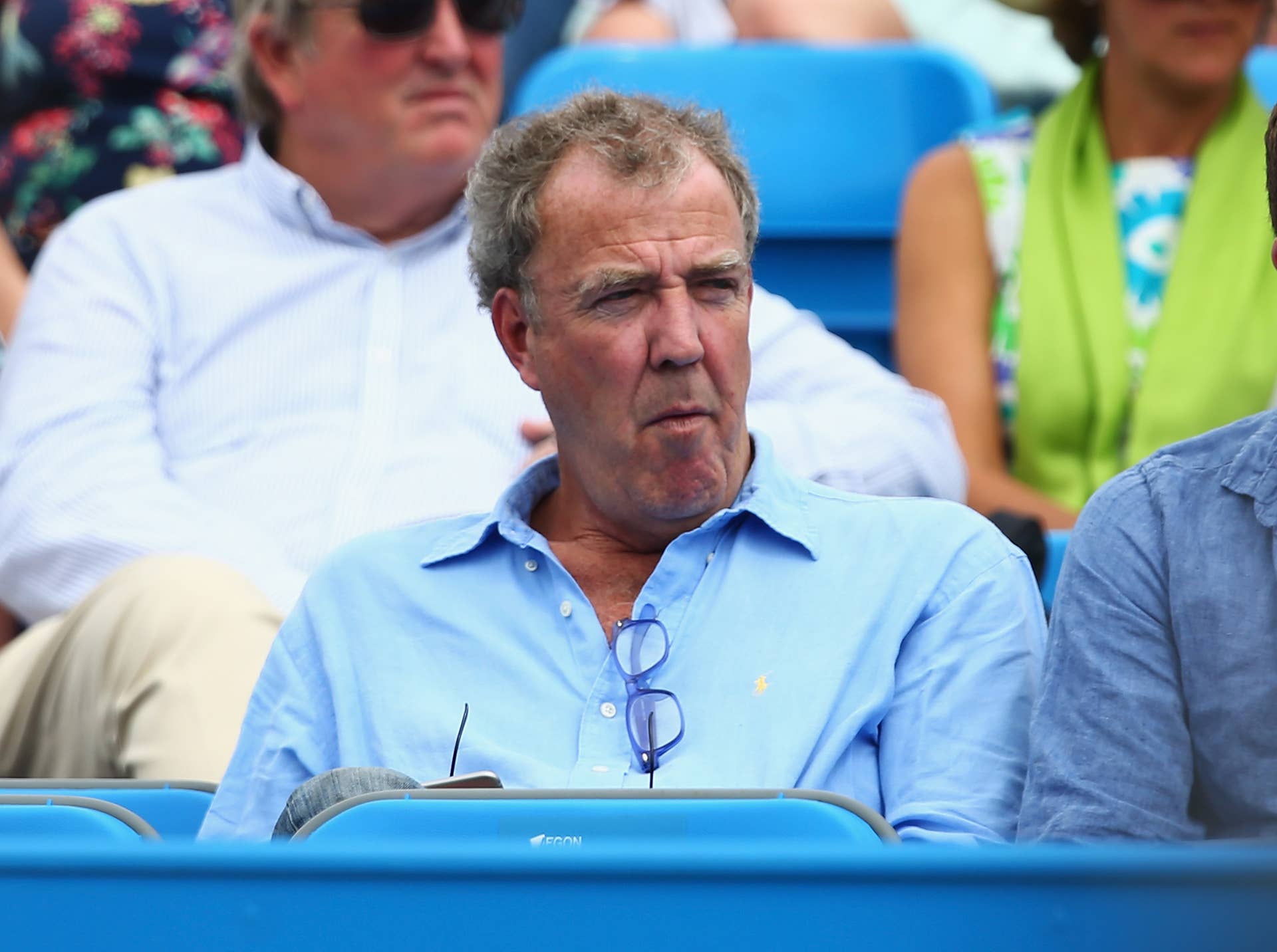 LONDON, ENGLAND - JUNE 17: Broadcaster Jeremy Clarkson watches the match between Gilles Simon of France and Thanasi Kokkinakis of Australia during day three of the Aegon Championships at Queen's Club on June 17, 2015 in London, England. (Photo by Clive Brunskill/Getty Images)