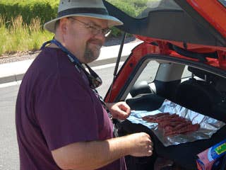 We used the rear hatch cover as a handy place to prepare our lunch to be cooked on the manifold. Usually, these hatch covers are always in my way, but this proved to be a handy use not specified in the owner's manual. Our cooking venture started out with such promise.
