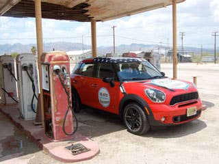 The gas pumps at"Desert Center" have not been used since, I would estimate, the early 70s at least. They are branded Chevron, and have the crank along the sides of the pumps that I haven't seen since I was a kid.  The thing I will long remember about this stop is that a guy in new Ford Explorer drive up to us while we were shooting the picture and asked me,"Is it closed?" "Seriously? I thought. "Yeah, since Kennedy was President I think."  What you can't see in this picture is that the two service bays had no doors and were strewn with trash. He even asked,"is there any place to pee?" I answered, looking around, "Just about any place you want dude."