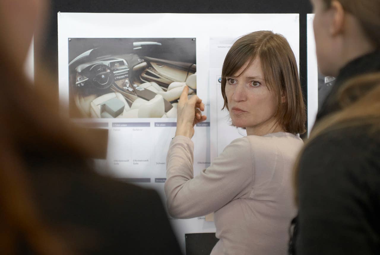 Matrial decision - Christiane Schneider (Colour and Trim Designer) discussing the materials for the BMW 6 Series Coupe (03/2011).