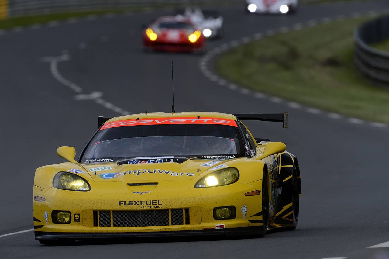 LE MANS, FRANCE - JUNE 13:  The #73 Corvette Racing C6 ZR1 driven by Antonio Garcia of Spain, Jan Magnussen of Denmark, and Jordan Taylor of the United States during practice  for the 80th running of the Le Mans 24 Hour race at the Circuit des 24 Heures du Mans  on June 13, 2012 in Le Mans, France  (Photo by Rick Dole/Getty Images)