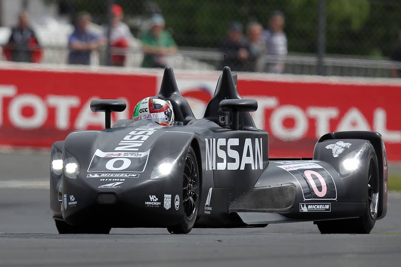 The Delta Wing Nissan driven by Marino Franchitti of  Britain, Mickael Krumm of Germnay and Satoshi Motoyama of Japan is seen in action during the free practice session of the 80th 24-hour Le Mans endurance race, in Le Mans, western France, Wednesday, June 13, 2012. The race will begin on Saturday, June 16. (AP Photo/David Vincent)