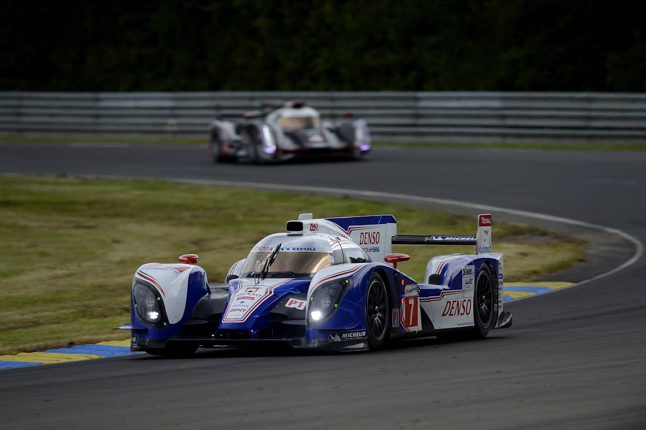LE MANS, FRANCE - JUNE 13:  The Toyota TS030 Hybrid driven by Nicolas Lapierre of France, Kazuki Nakajimi of Japan, and Alexander Wurz of Austria during practice  for the 80th running of the Le Mans 24 Hour race at the Circuit des 24 Heures du Mans  on June 13, 2012 in Le Mans, France  (Photo by Rick Dole/Getty Images)