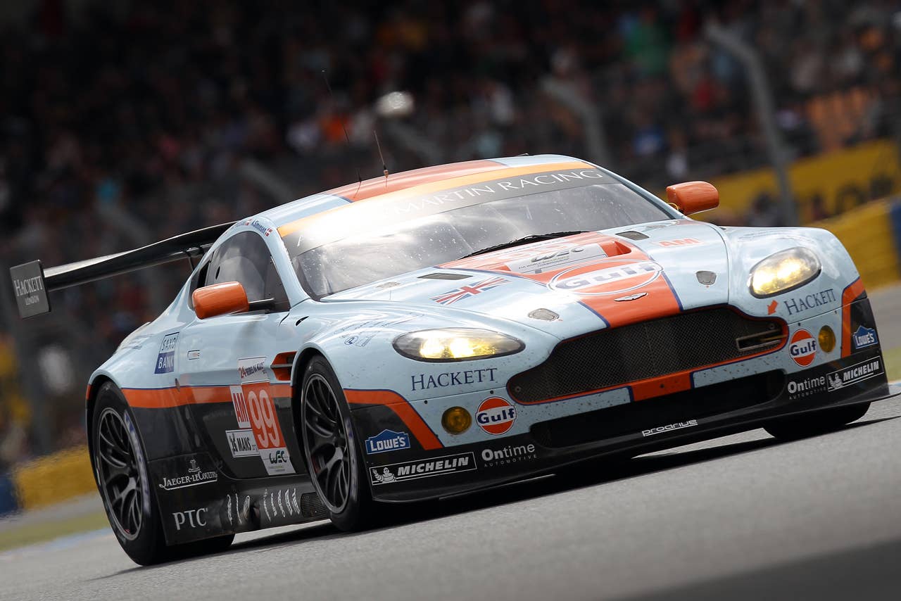 The Aston Martin driven by three Danish drivers Christoffer Nygaard, Kristian Poulsen and Allan Simonsen is seen in action during the free practice session of the 80th 24-hour Le Mans endurance race, in Le Mans, western France, Wednesday, June 13, 2012. The race will begin on Saturday, June 16. (AP Photo/David Vincent)