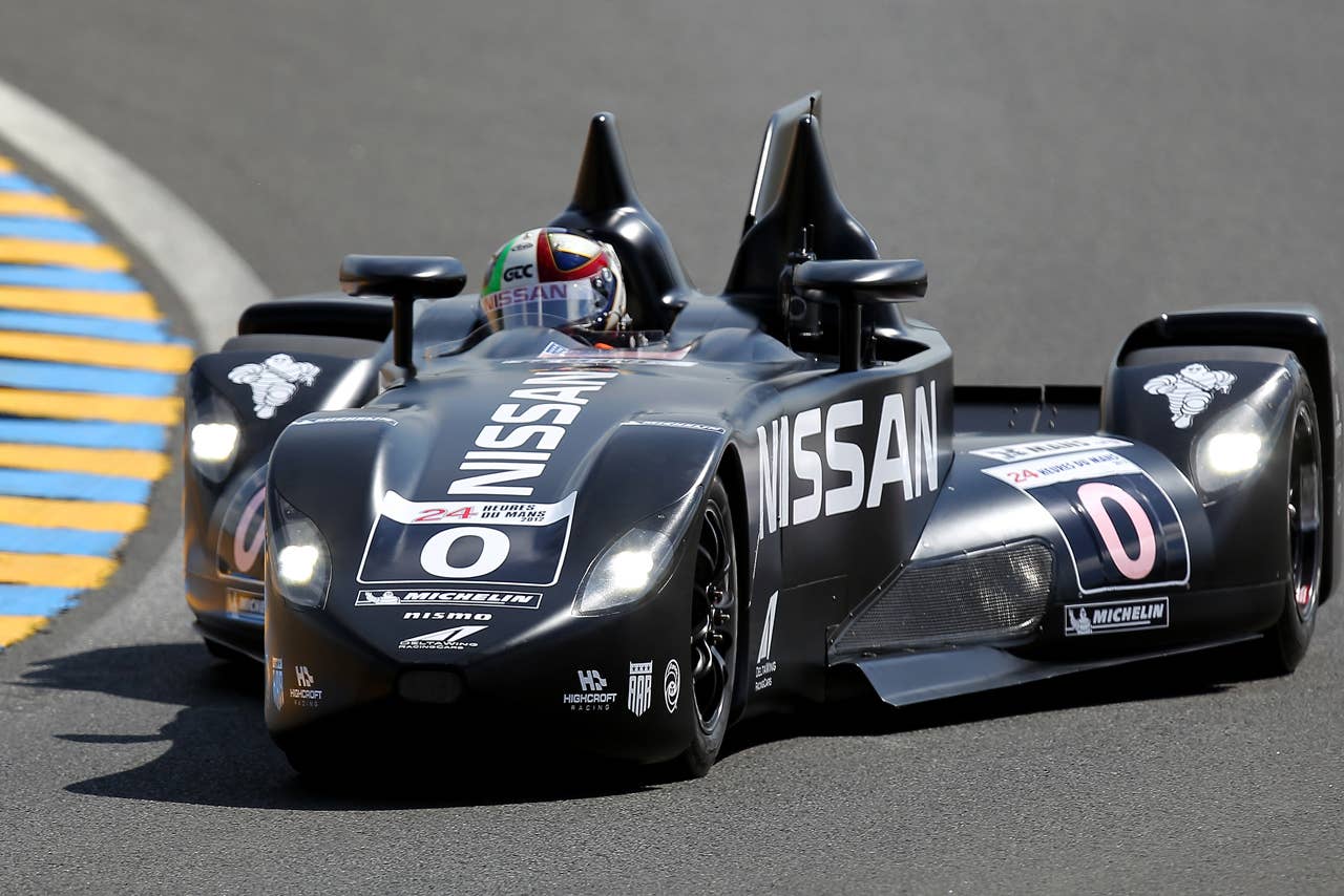 The Delta Wing Nissan  driven by Marino Franchitti of  Britain, Mickael Krumm of Germnay and Satoshi Motoyama of Japan is seen in action during the free practice session of the 80th 24-hour Le Mans endurance race, in Le Mans, western France, Wednesday, June 13, 2012. The race will begin on Saturday, June 16. (AP Photo/David Vincent)