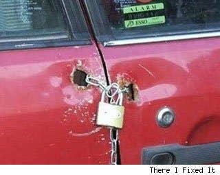 Car repairs can be stressful, time-wasting and, most importantly, expensive. That's why we're not surprised to learn when a person takes it on themselves to attempt a do-it-yourself approach when it comes to vehicular repairs.  What does surprise (and, at times, horrify) us, is when we see people employing shoddy and unsafe methods to keep their car on the road. Take, for example, this person's solution to a broken lock. At least if they lock their keys in the car, a good saw or pair of pliers should remedy the situation. No need to wait for AAA.  The pictures in this gallery, taken from a hilariousslideshow by Huffpost Comedy, show more incredible examples. Sure, you could call these repairs creative, but mostly they are just absurd, inept and downright awful.  There I Fixed It