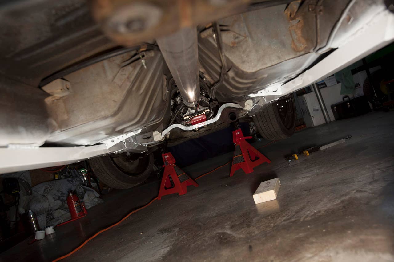 Maximum Motorsports subframe connectors installed.