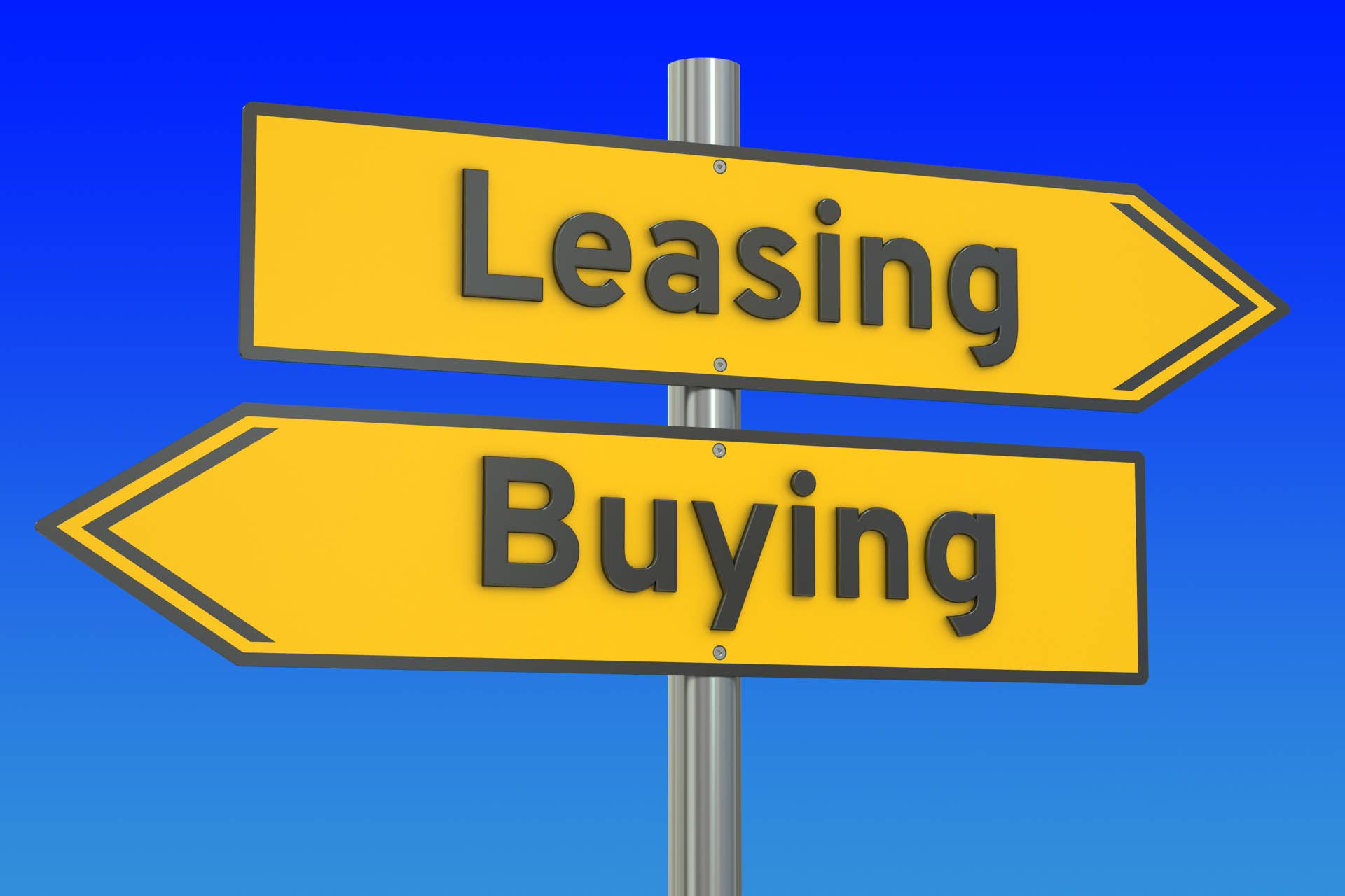 leasing or buying concept on the road signpost, 3D rendering