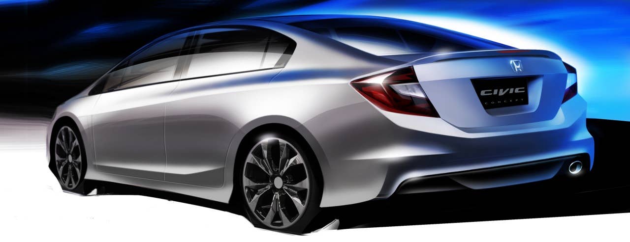 The Honda Civic Si Concept made its world debut at the 2011 North American International Auto Show (NAIAS) in Detroit on January 10, 2011. The exterior styling showcases the model's clean-yet-powerful lines with a steeply raked windshield, wide stance and pronounced character lines along the profile. (Illustration)