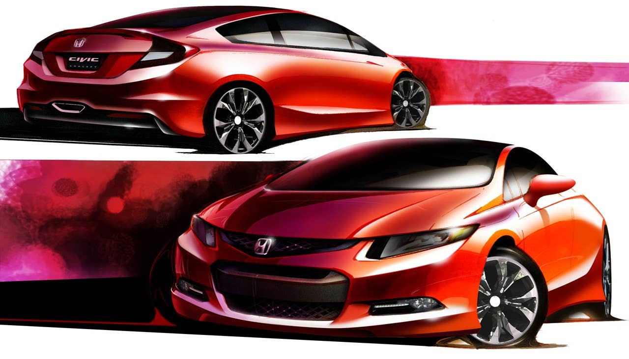The Honda Civic Si Concept made its world debut at the 2011 North American International Auto Show (NAIAS) in Detroit on January 10, 2011. The exterior styling showcases the model's clean-yet-powerful lines with a steeply raked windshield, wide stance and pronounced character lines along the profile. (Illustration)